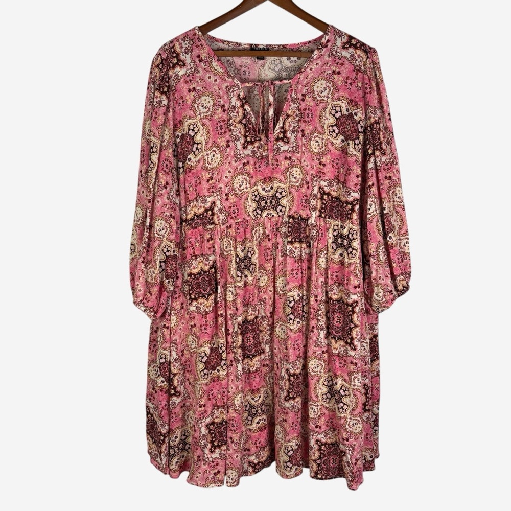 TORRID Gauze Tunic Skater Dress Size 2X 18/20 Medallion Pink 3/4 Blouson Sleeves - Picture 3 of 12